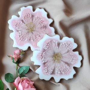 Handmade Flower Resin Coasters Set: White and Pink Epoxy Art
