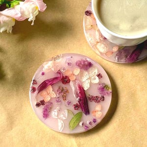 Handmade Pink Resin Round Coaster with Real Flowers — Single or Set