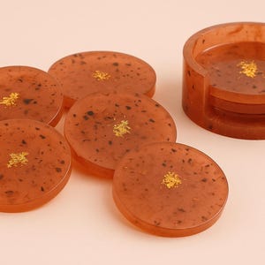 Orange Gold Foil Resin Coaster Set (5 pcs) with Matching Holder