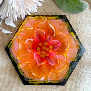 Orange Resin Bloom Coaster: Black Rim Hexagon Trinket Dish