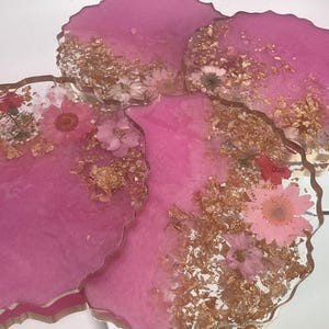 Sparkly pink and gold leaf dried flower handcrafted resin coasters handmade Choice of colours