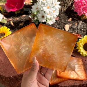 Handmade Resin Coasters: Fall Season Orange Copper Swirl, Shimmering Pearl Detail